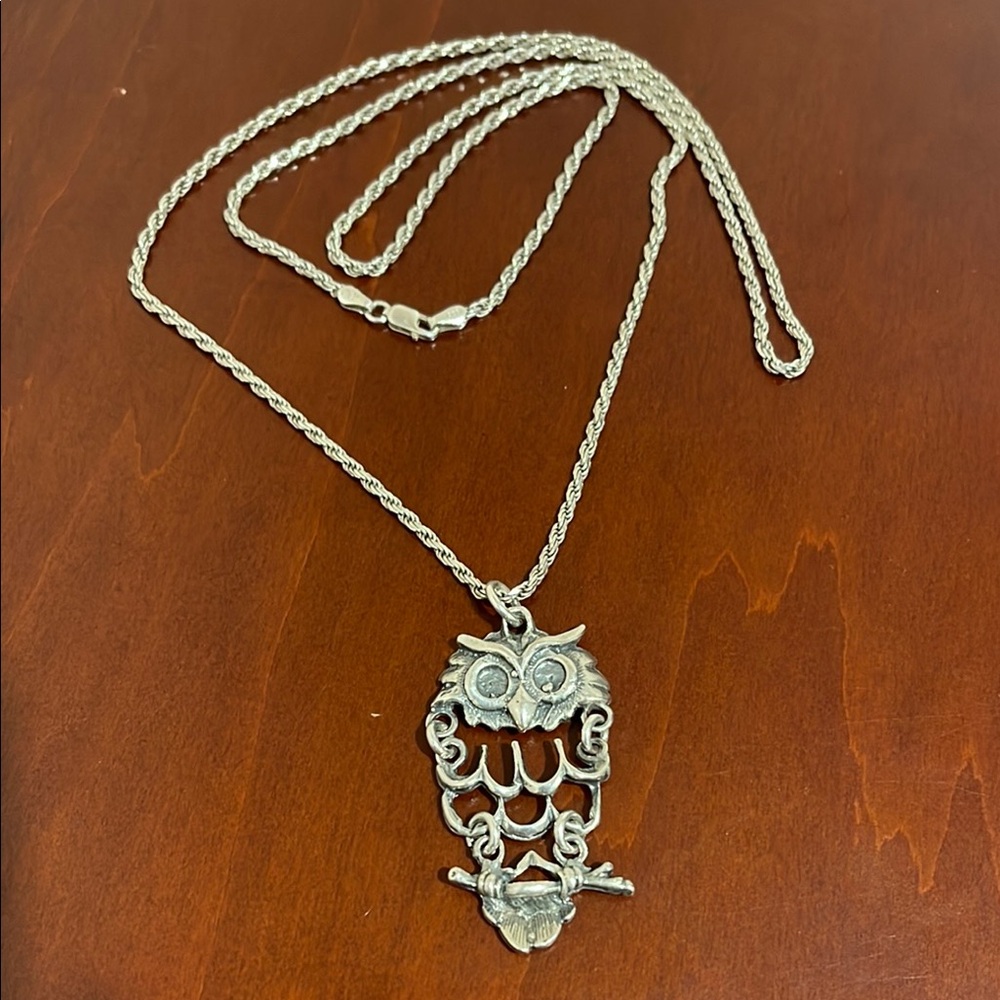 Sterling Silver Owl Necklace from Mexico- Owl Pendant on 31” Rope Chain - Picture 2 of 7